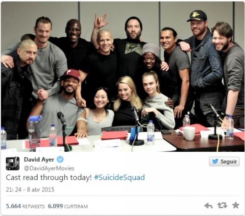 Reprodução/Twitter - Elenco do filme em foto divulgada pelo diretor David Ayer Reprodução/Twitter - Elenco do filme em foto divulgada pelo diretor David Ayer