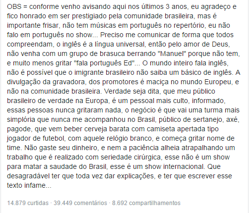 Reprodução/Facebook - Publicação do Cantor Reprodução/Facebook - Publicação do Cantor