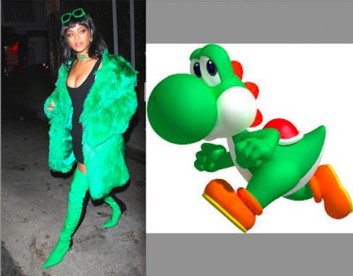Reprodução - Casaco de pele verde foi comparado ao dinossauro Yoshi Reprodução - Casaco de pele verde foi comparado ao dinossauro Yoshi