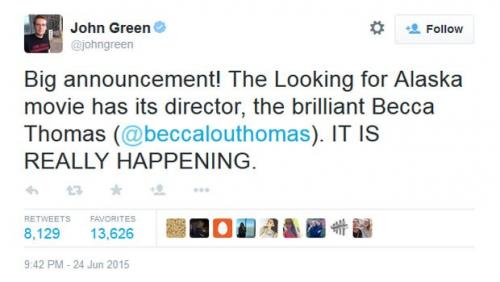 Reprodução/Twitter - Publicação de John Green Reprodução/Twitter - Publicação de John Green
