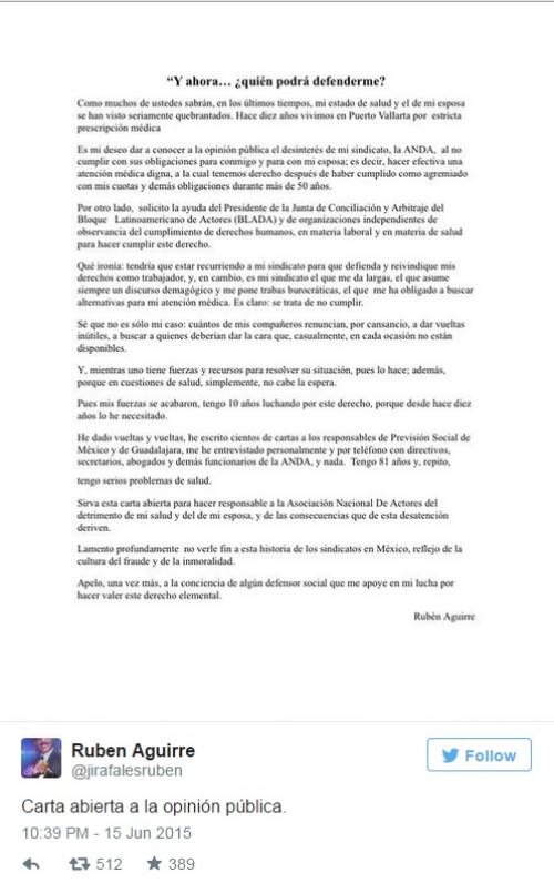 Reprodução/Twitter - Carta publicada por Rubén Aguirre Reprodução/Twitter - Carta publicada por Rubén Aguirre