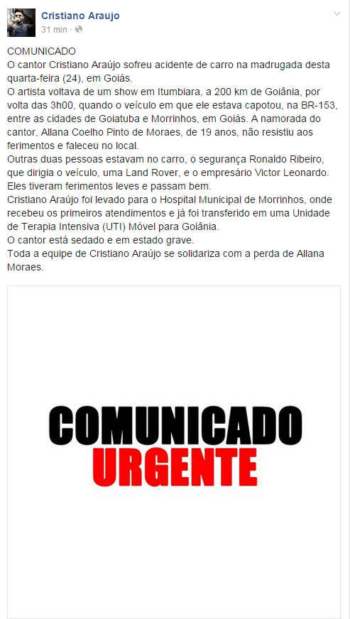 Reprodução/Facebook - Comunicado oficial foi divulgado no Facebook de Cristiano Araújo por volta das 8h Reprodução/Facebook - Comunicado oficial foi divulgado no Facebook de Cristiano Araújo por volta das 8h