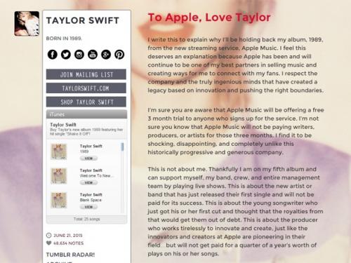 Reprodução - Trecho da carta aberta de Taylor Swift à Apple