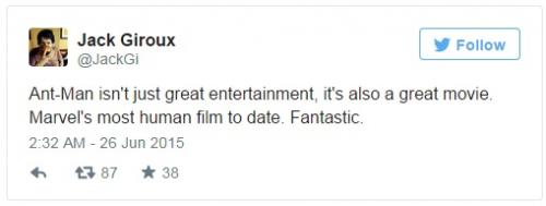 Reprodução/Twitter - 'Homem-Formiga não é apenas uma grande diversão, é também um grande filme. É o filme mais humano da Marvel até agora. Fantástico.'