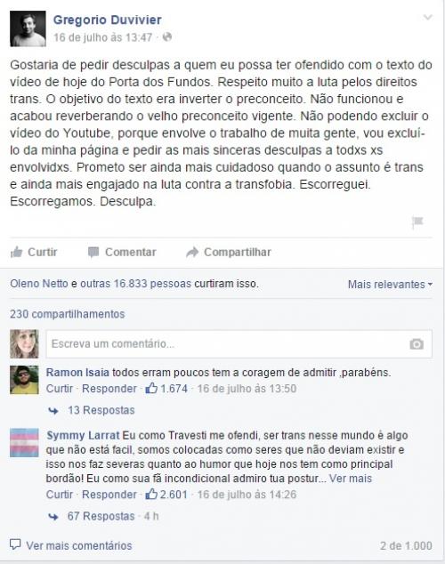 Reprodução/Facebook - Publicação feita por Gregorio Duvivier com pedido de desculpas
