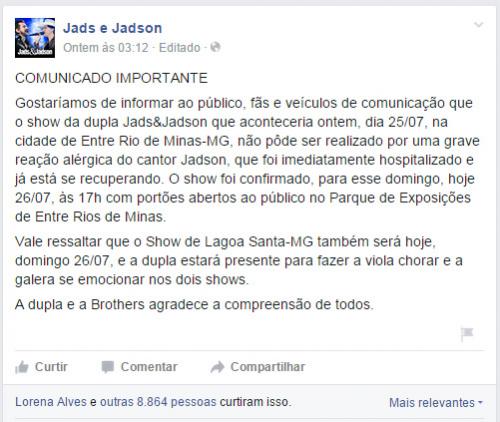 Reprodução/Facebook - Publicação feita na página da dupla no Facebook Reprodução/Facebook - Publicação feita na página da dupla no Facebook