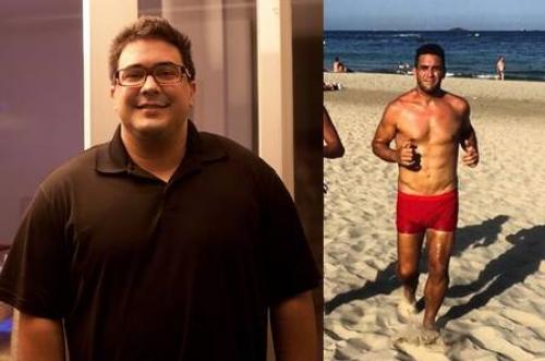 Reprodução - André Marques antes da cirurgia bariátrica, e hoje, sarado em Ibiza Reprodução - André Marques antes da cirurgia bariátrica, e hoje, sarado em Ibiza