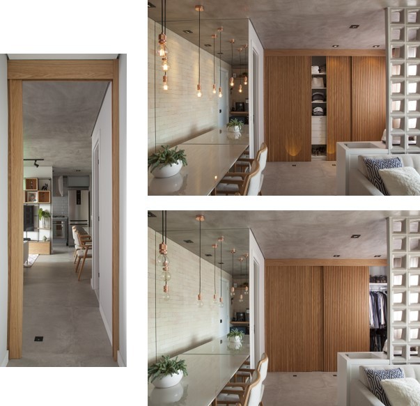 Luis Gomes - O painel de madeira tem três portas de correr que escondem a entrada para o quarto, além de um guarda-roupa com duas partes. Projeto: Bruno Moraes.
