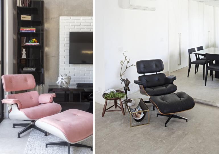 JP Image e Gui Morelli - A poltrona Charles Eames em dois estilos: revestida de tecido rosa e, no segundo projeto, no clássico tom preto