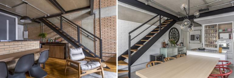 JP Image - Para os projetos desses dois lofts, Carina e Ieda Korman transformaram o vão da escada em um espaço para o bar, com o uso de aparadores