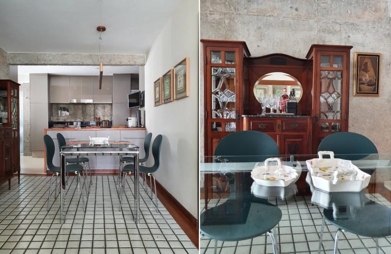 Dan Brunini - A sala de jantar é delimitada pelo piso de cerâmica, que se diferencia das tábuas de madeira que se estendem para o living.